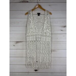 Questions Vest Womens Large White Crochet Lace Fringe Long Kimono Boho